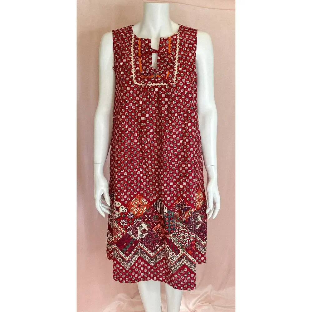 VINTAGE 1960's Bohemian Red Patchwork Ric Rac Dress SMALL - Picture 5 of 16